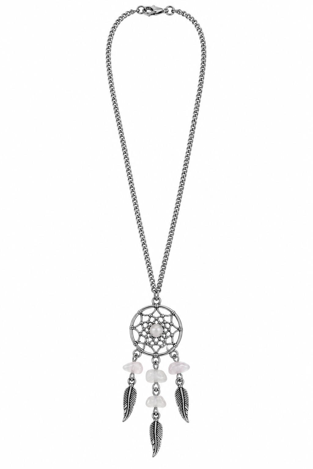 Traumfänger Kette mit Rosenquarz – Edelstahl Halskette | Dreamcatcher Anhänger | Naturstein Schmuck | Boho Kette | 50 cm