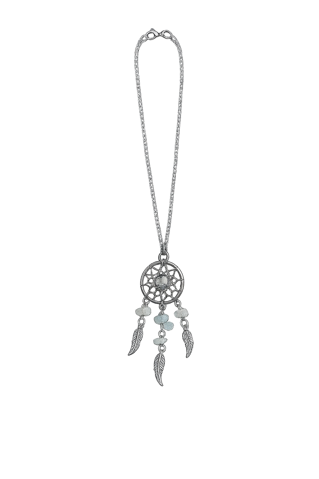 Traumfänger Kette mit Aquamarin – Edelstahl Halskette | Dreamcatcher Anhänger | Naturstein Schmuck | Boho Kette | 50 cm
