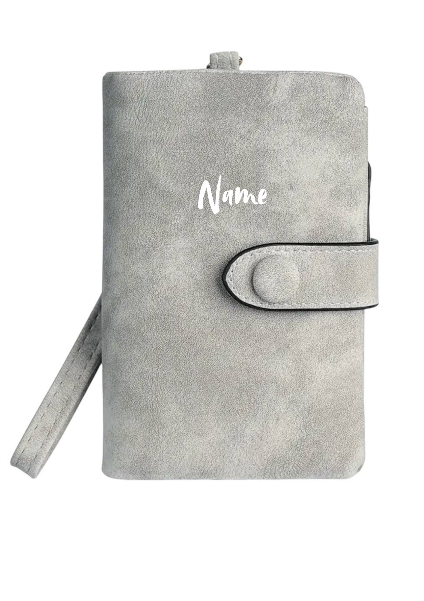 Hellgraue Geldbörse mit Dreifach-Faltung & Handschlaufe – personalisierbar 🤍✨