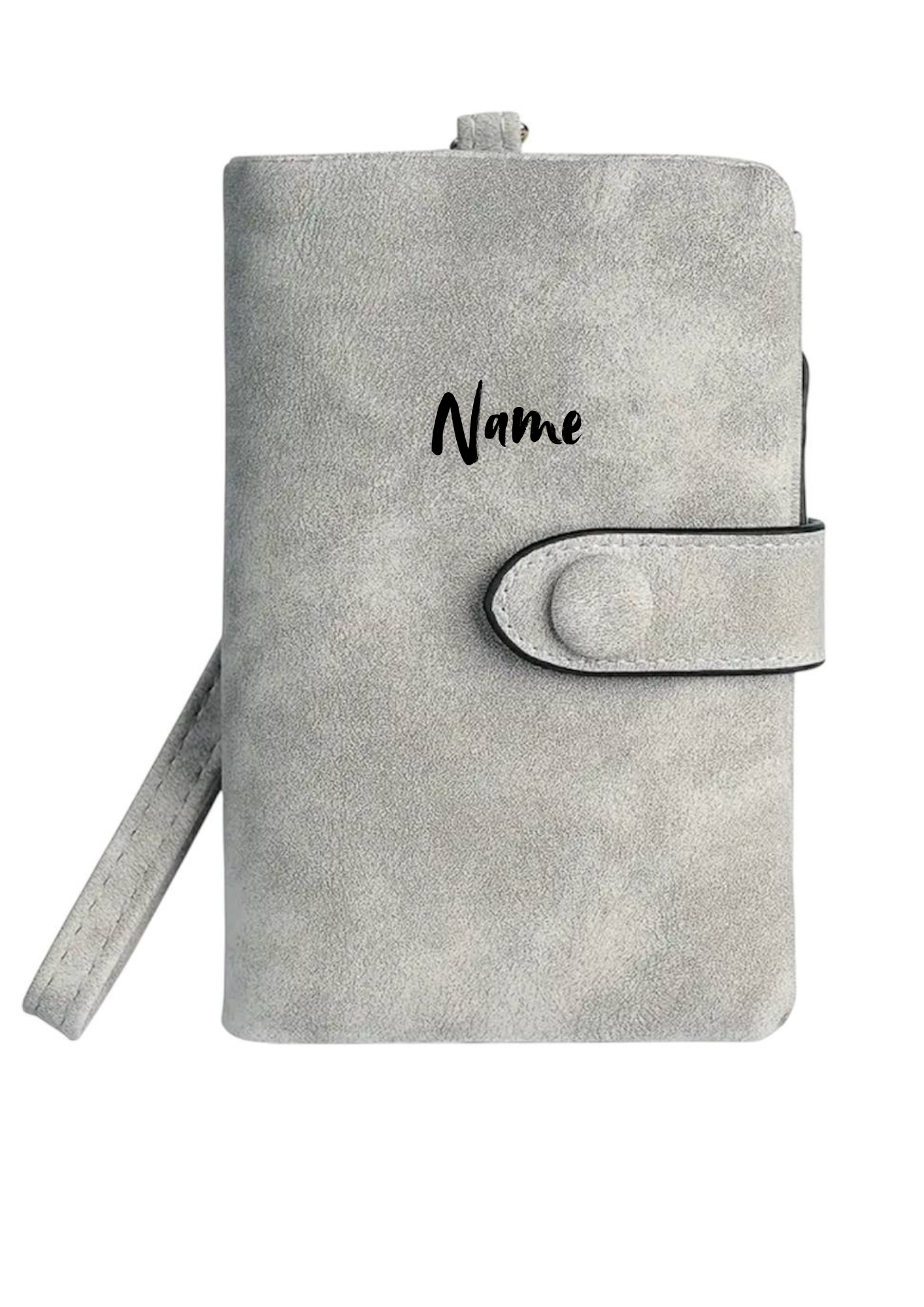 Hellgraue Geldbörse mit Dreifach-Faltung & Handschlaufe – personalisierbar 🤍✨