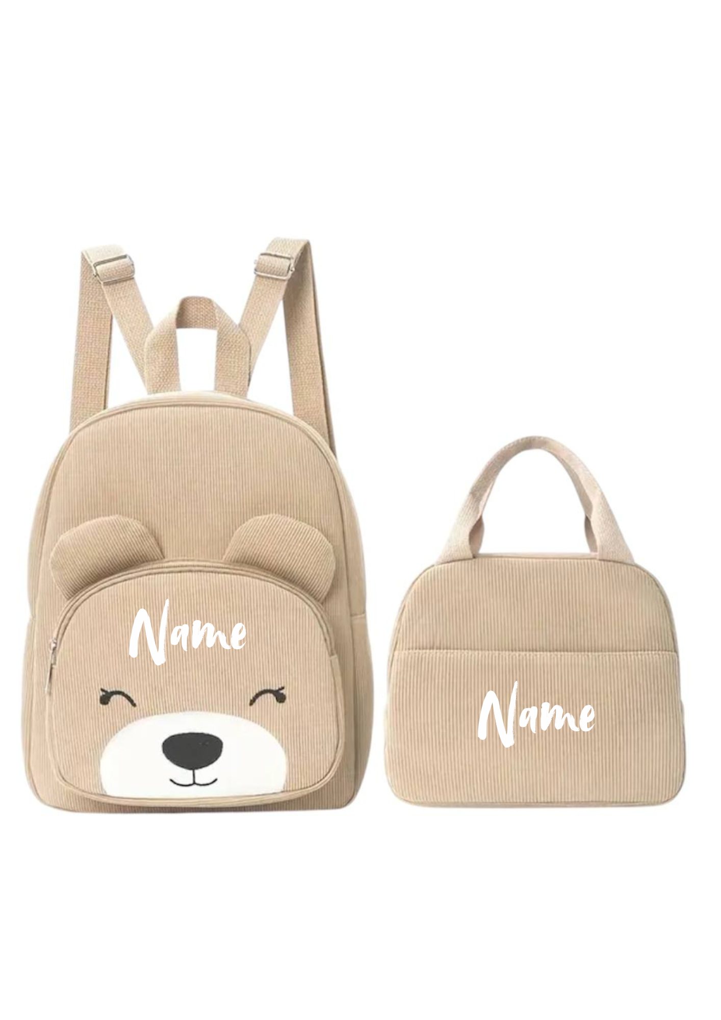 Zweierset Bären-Rucksack & Tasche Beige 🐻🎒 | Cordoptik & personalisierbar | Perfekt für Kids