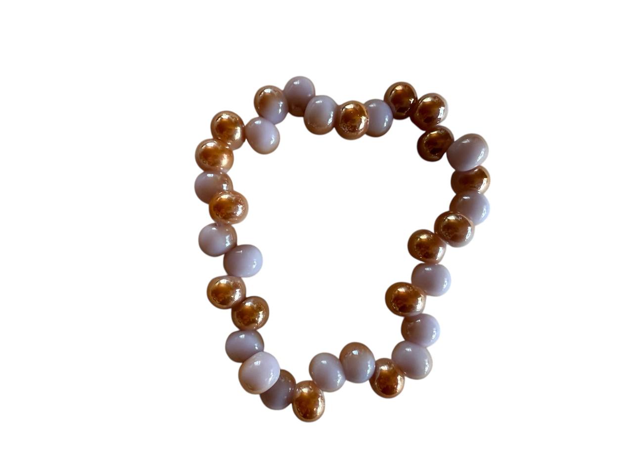 Handgemachtes Armband mit rosa-goldenen Glasperlen – Personalisierbar mit Wunschname – Elastisch in 5 Größen (038)