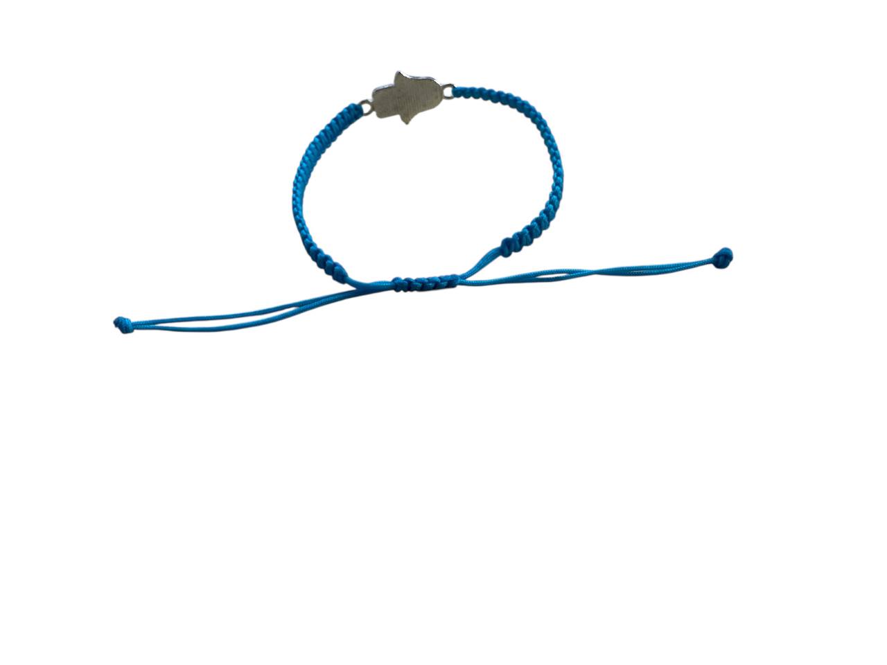 Handgefertigtes Makramee Armband „Hand der Fatima & Auge“ – Blau & Silber (23x15mm)