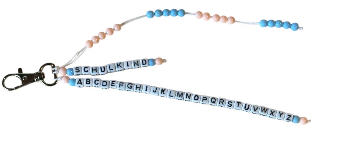 🎒 Personalisierte ABC- & Rechenkette – Aprikose & Blau – 3-reihig mit Namen – Geschenk zur Einschulung