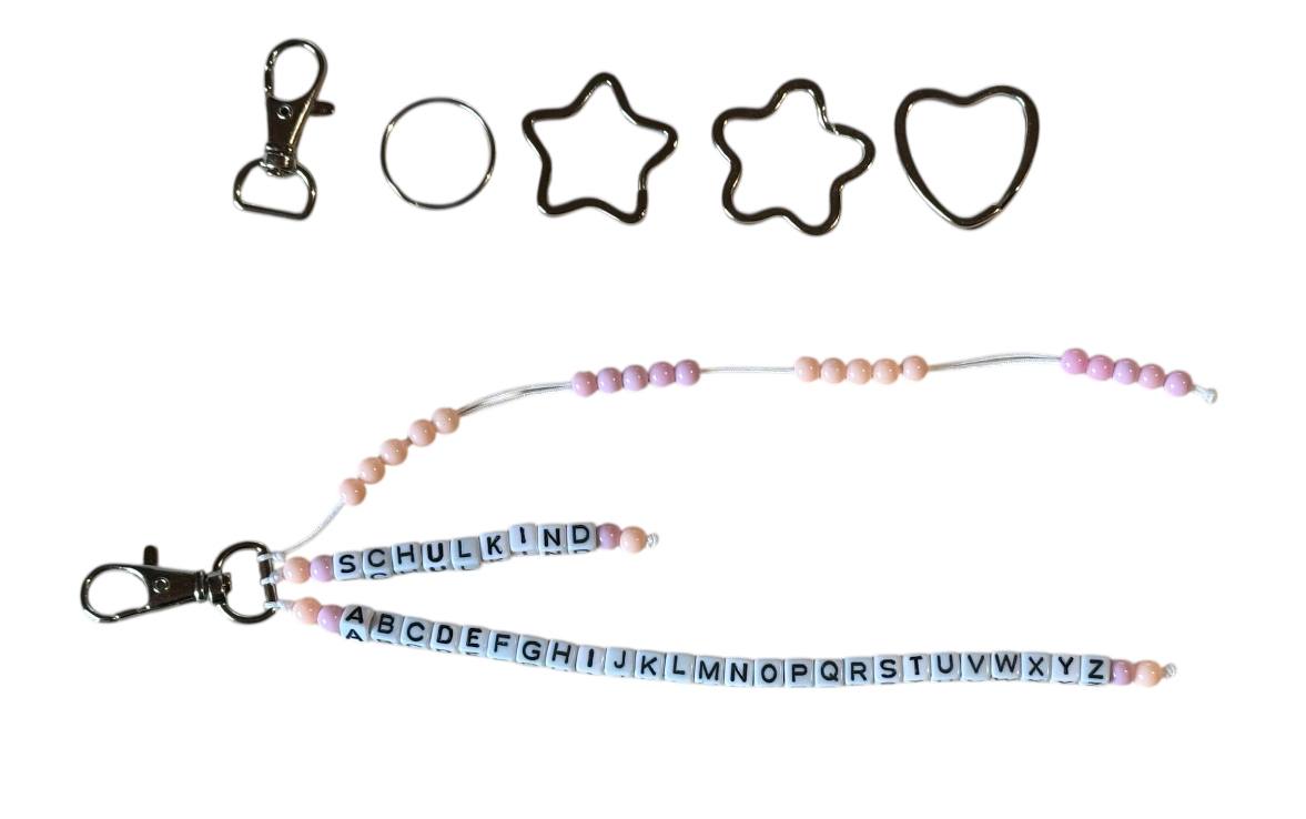 🎒 Personalisierte ABC- & Rechenkette – Aprikose & Rosa – 3-reihig mit Wunschname – Einschulungsgeschenk