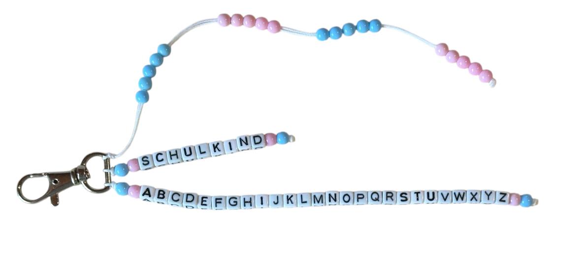 🎓 Personalisierte ABC- & Rechenkette – Blau & Rosa – 3-reihig mit Wunschname – Einschulungsgeschenk