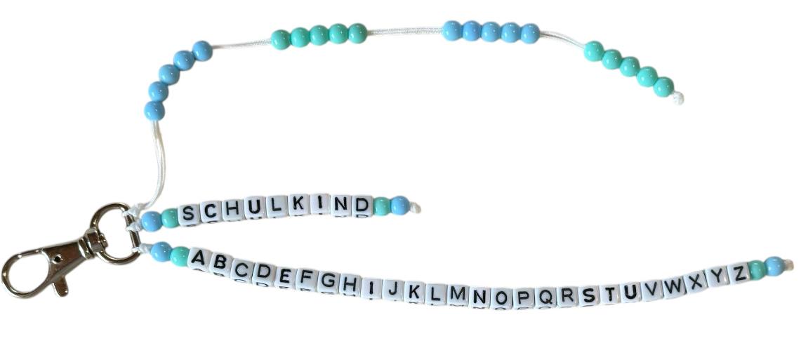 🎓 Personalisierte ABC- & Rechenkette – Blau & Türkis – 3-reihig mit Wunschname – Einschulungsgeschenk