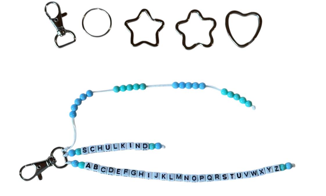 🎓 Personalisierte ABC- & Rechenkette – Blau & Türkis – 3-reihig mit Wunschname – Einschulungsgeschenk
