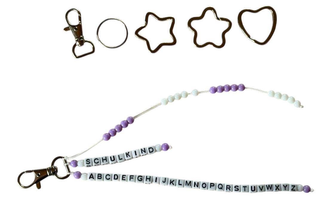 🎒 Personalisierte ABC-/Rechenkette in Lila & Weiß – Handgemachtes Geschenk zur Einschulung mit Wunschname