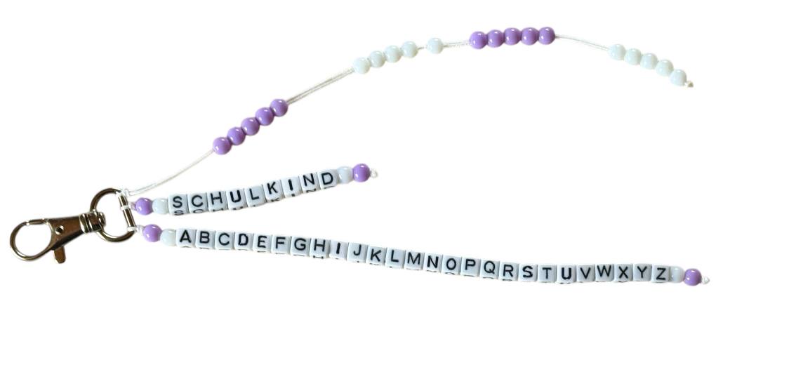 🎒 Personalisierte ABC-/Rechenkette in Lila & Weiß – Handgemachtes Geschenk zur Einschulung mit Wunschname