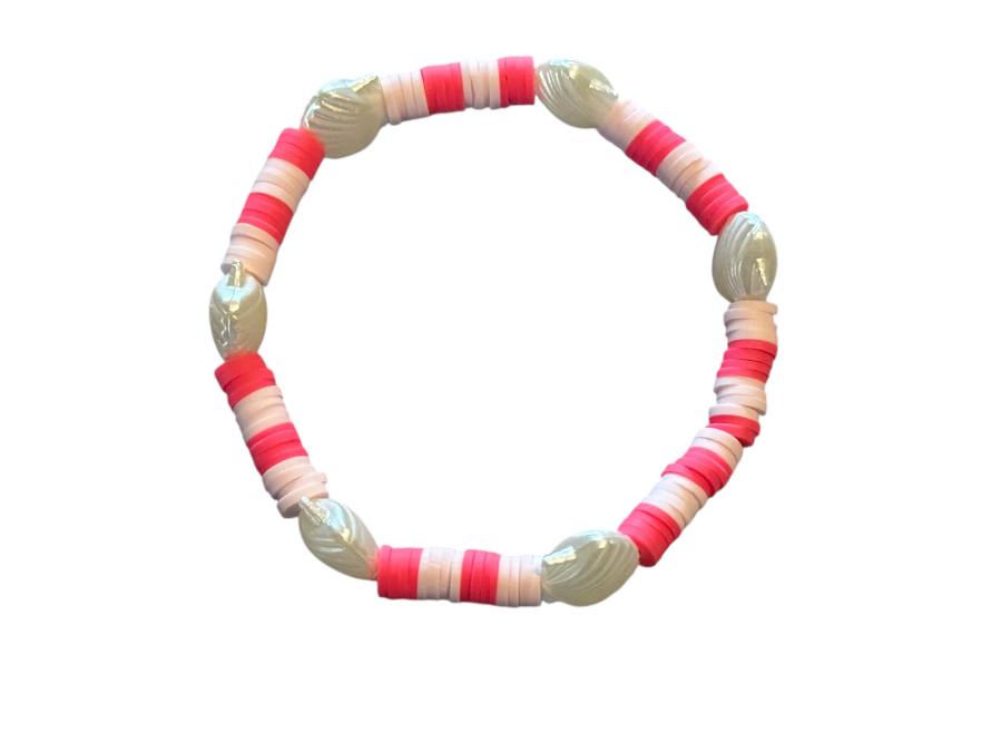 Handgemachtes elastisches Perlenarmband – Rosa & Pink mit weißen Muscheln – 16cm