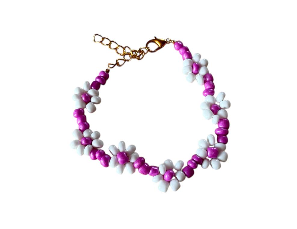 Handgefertigtes Perlenarmband mit Blumenmuster – Pink & Weiß, Goldverschluss | 5 Größen XS-XL + Verlängerungskette