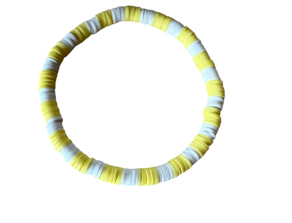 Handgemachtes Tonperlen-Armband – Gelb & Weiß – Elastisch, 16 cm Umfang