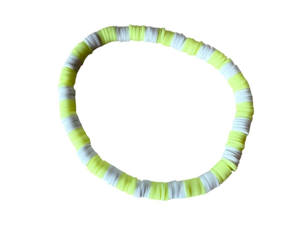 Handgemachtes Perlenarmband aus Ton – Neongelb & Weiß – Elastisch, 16 cm Umfang