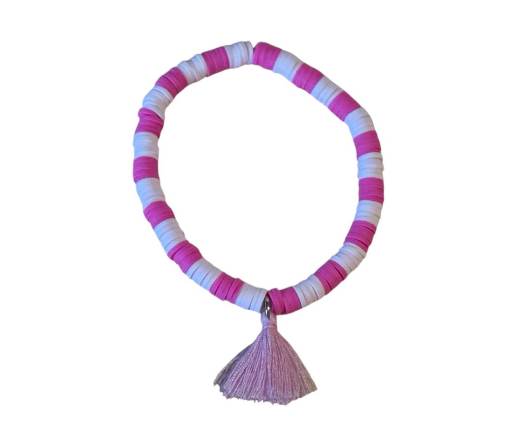 Handgemachtes Ton-Perlenarmband in Pink & Rosa mit Quaste – Elastisch & in Wunschgröße