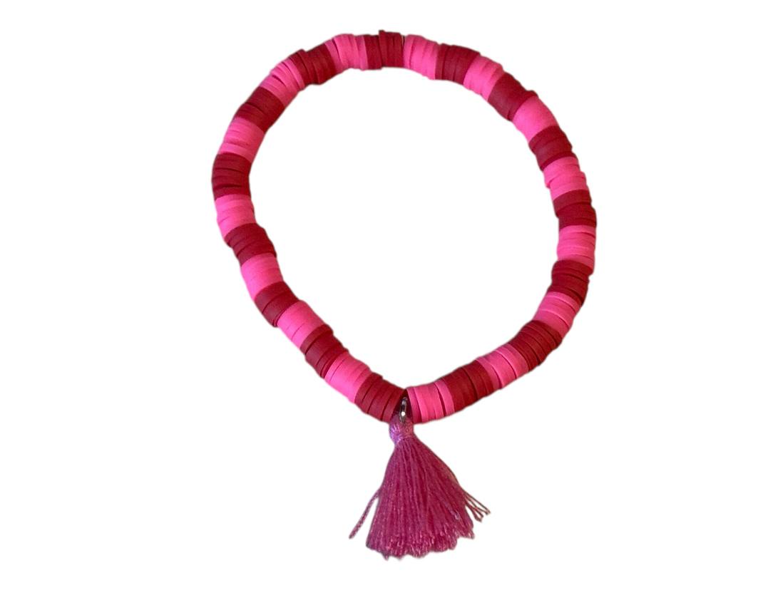 Handgemachtes Perlen-Makrameearmband aus Ton – Rot & Pink mit rosa Quaste – Größen XS-XL – Elastisch