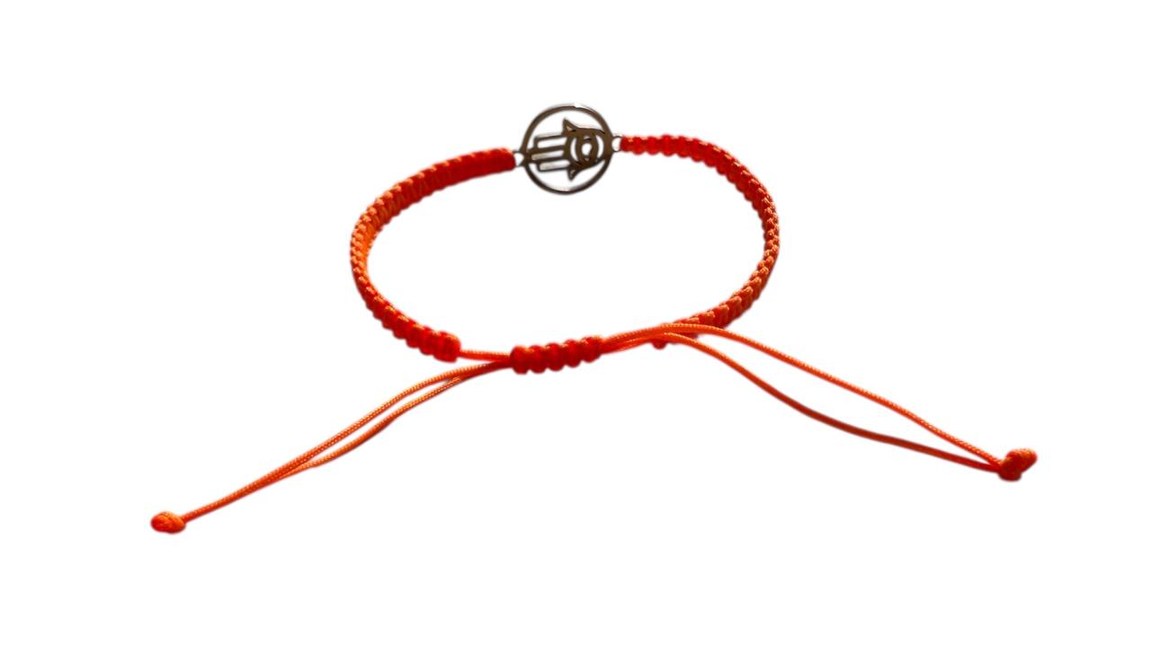 Makramee-Armband mit Hand der Fatima 𧥠Silberanhänger | Neonorange | Handgemacht & verstellbar