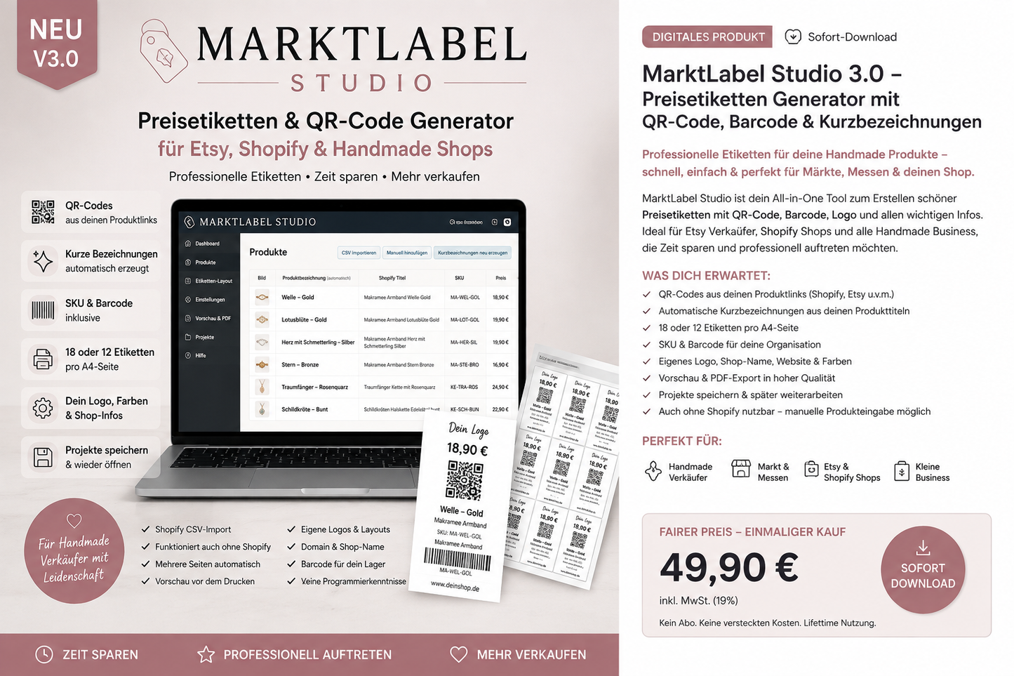 MarktLabel Studio – Preisetiketten Generator mit QR-Code | Shopify CSV-Import | PDF Etiketten für Handmade Shops & Märkte