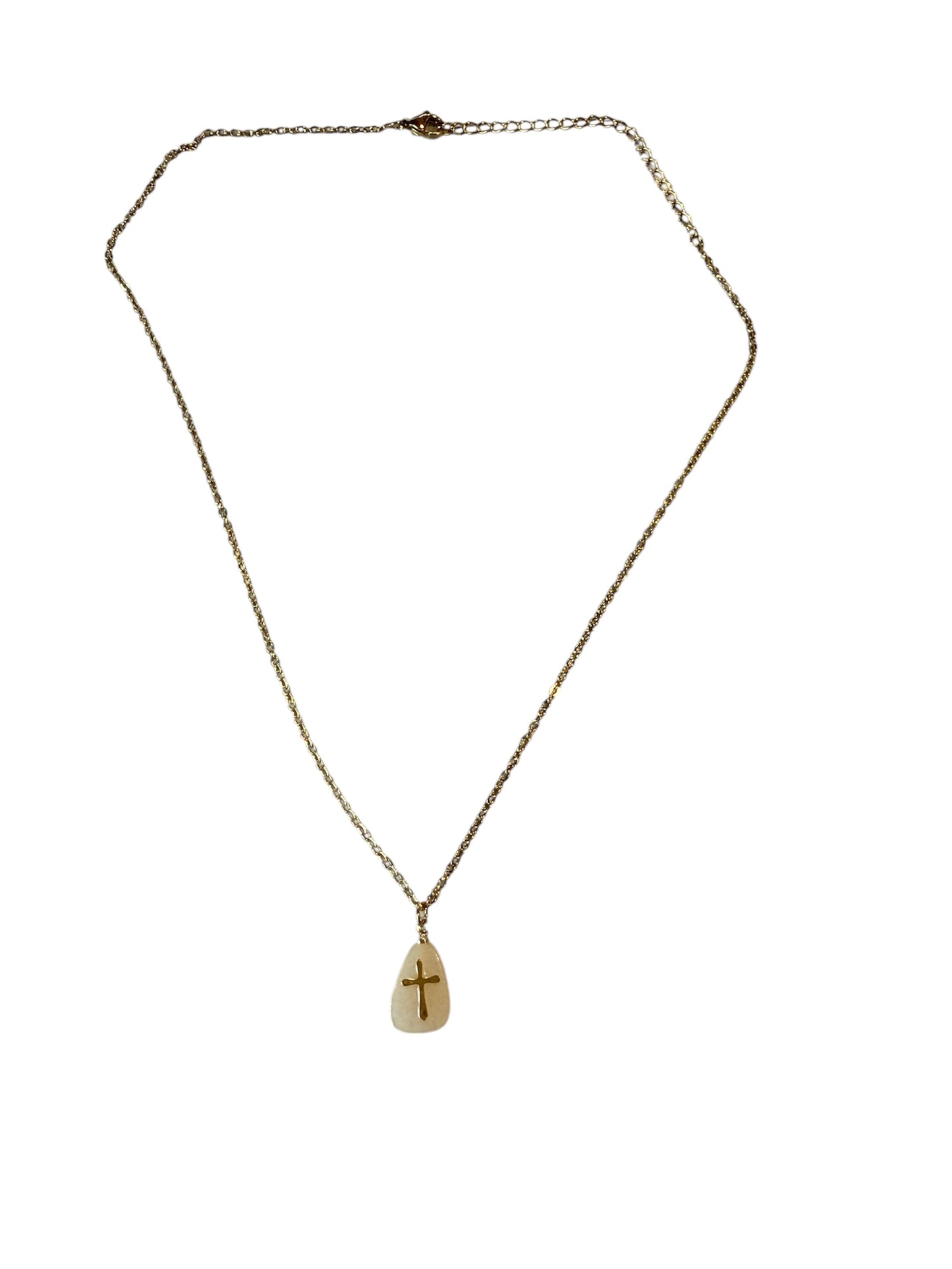Goldene Edelstahl Halskette mit rosa Naturstein & Kreuz | 45cm | Eleganter Damenschmuck