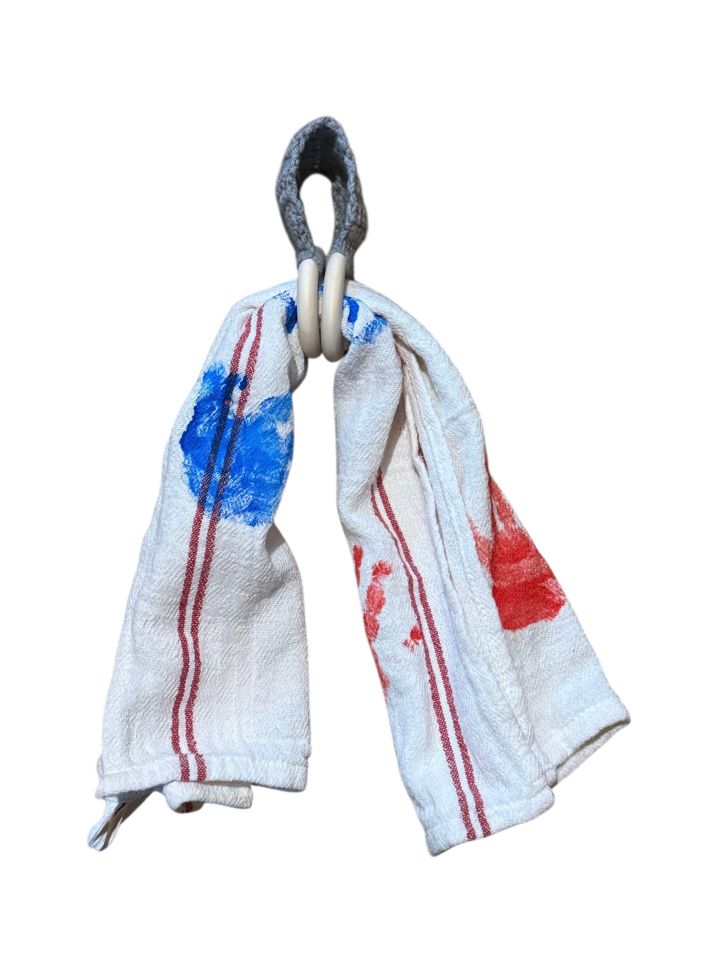 Handgemachter Geschirrtuchhalter gehäkelt – Grau & Hellbraun | Mit Holzring | Küchenaccessoire