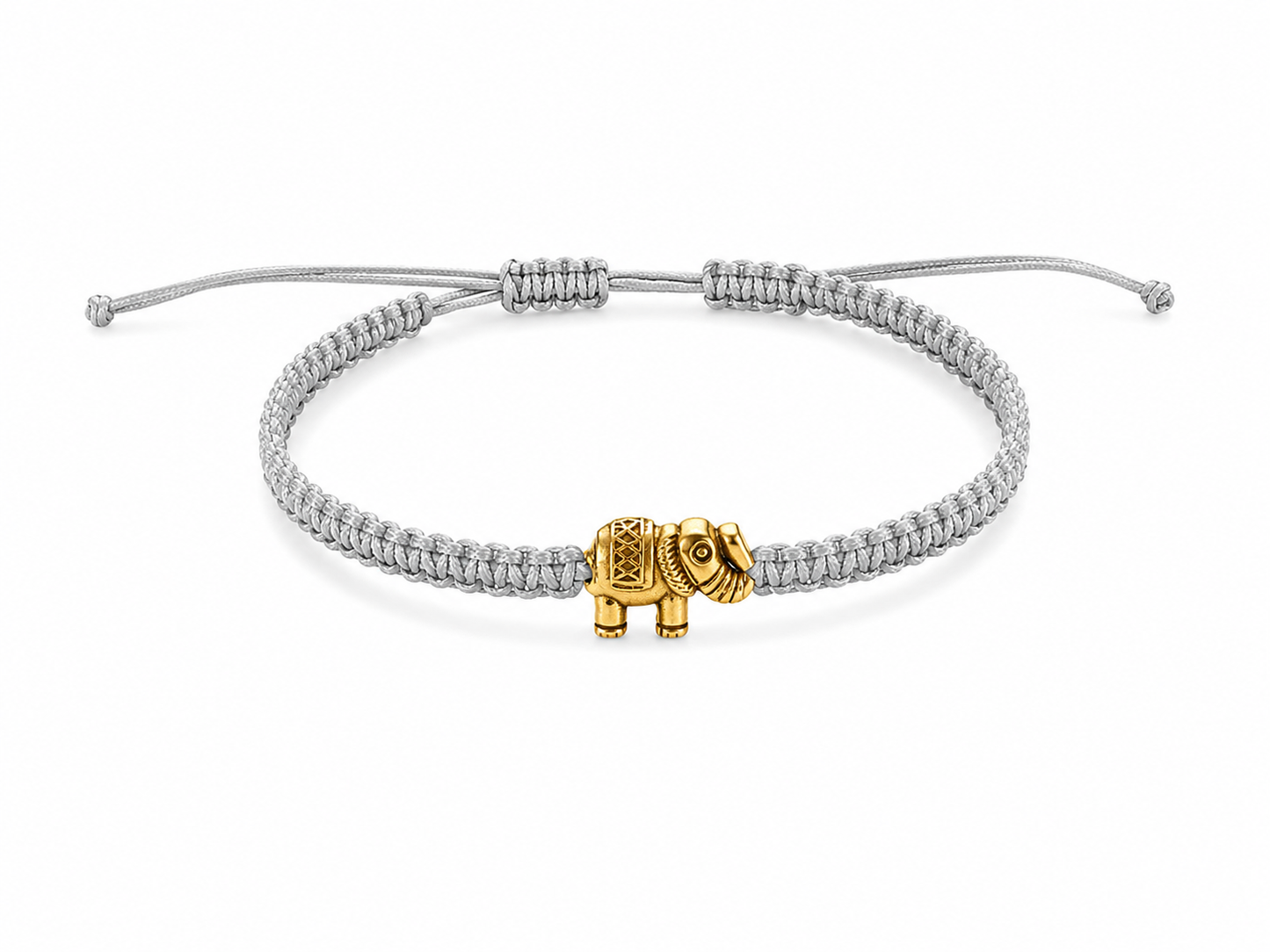 Makramee Armband Goldener Elefant – Verstellbares Edelstahl Armband | Glücksbringer | Boho Schmuck | 38 Bandfarben | 5 Größen