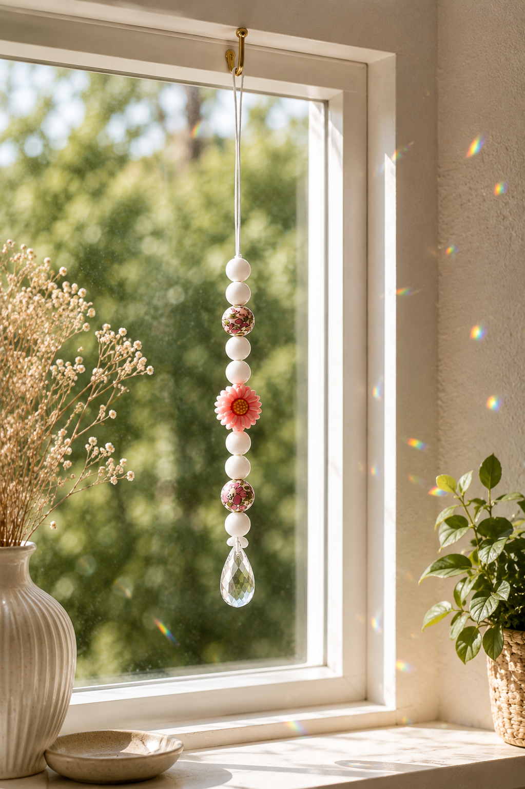 Sonnenfänger mit Kristall & Blume – Fensterdeko aus Glas und Silikon | Regenbogenmacher | 30 cm