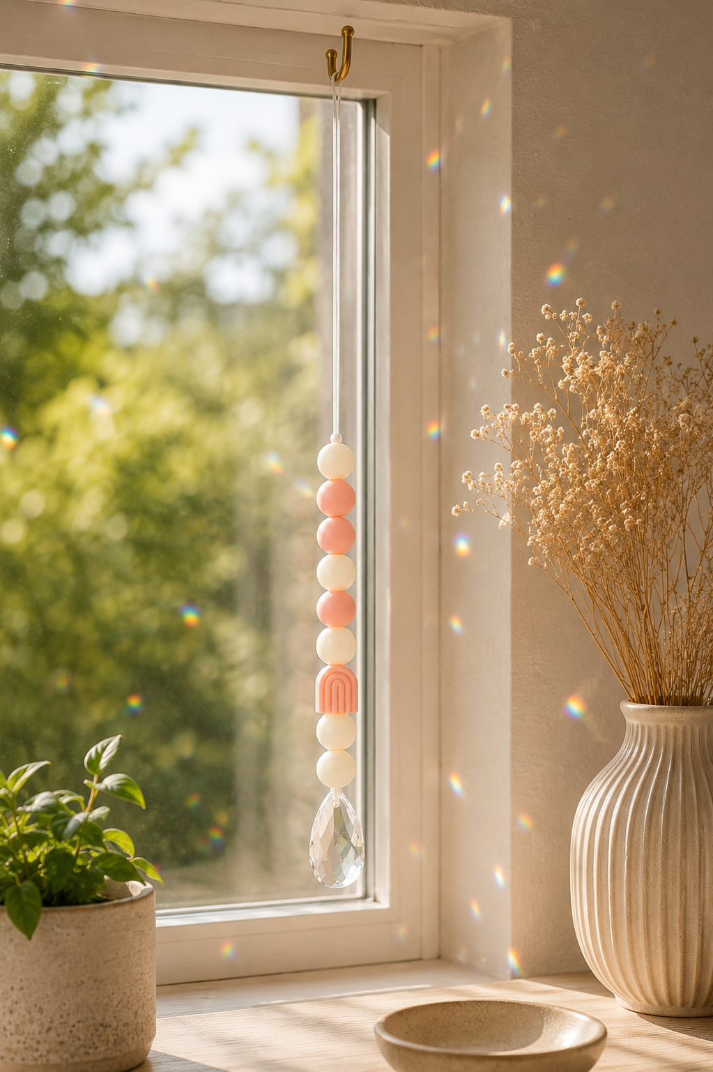 Sonnenfänger Regenbogen mit Kristall – Fensterdeko aus Glas & Silikon | Boho Fensterhänger | 34 cm