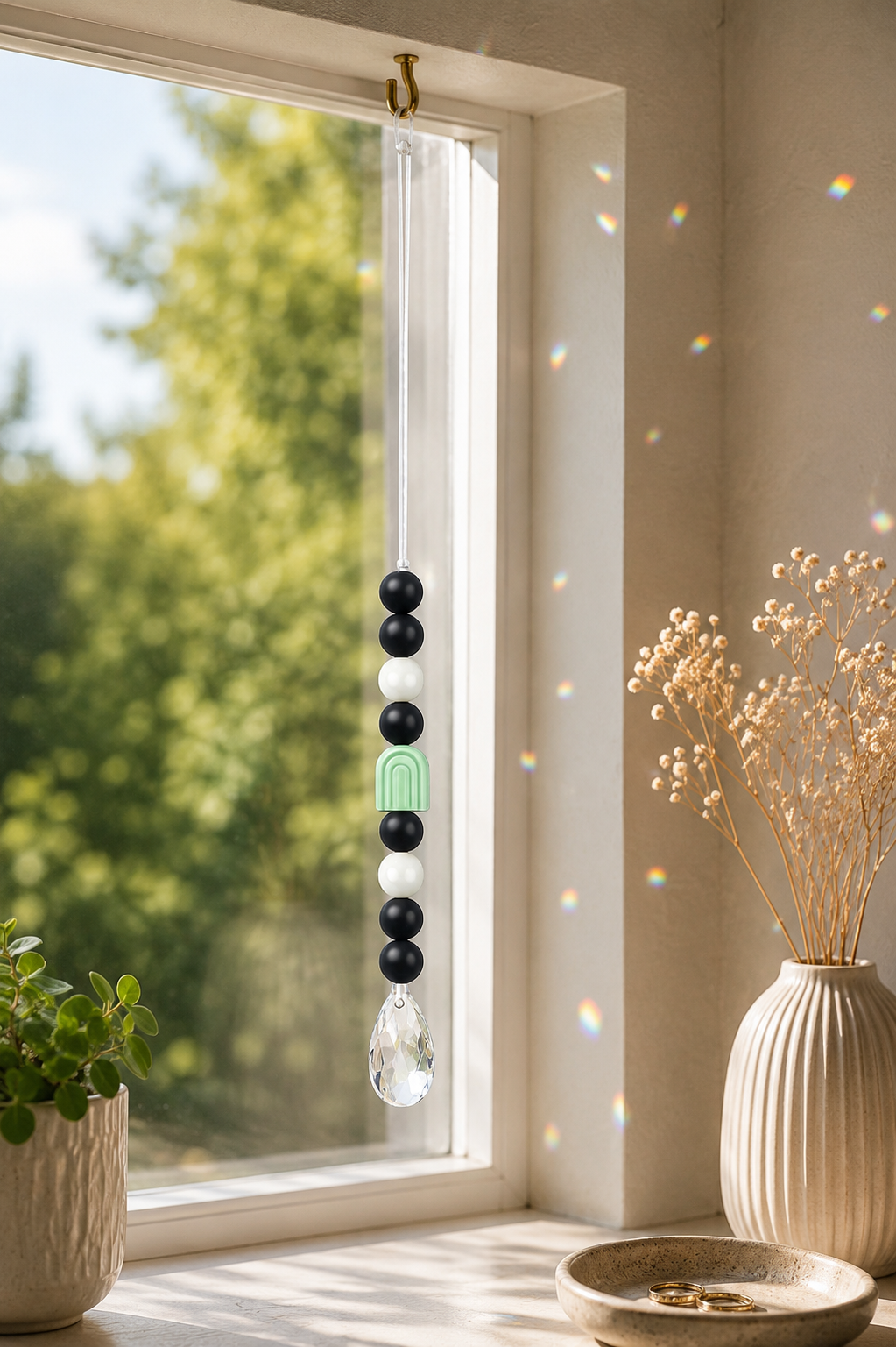 Sonnenfänger Regenbogen mit Kristall – Fensterdeko aus Glas & Silikon | Boho Fensterhänger | 33 cm