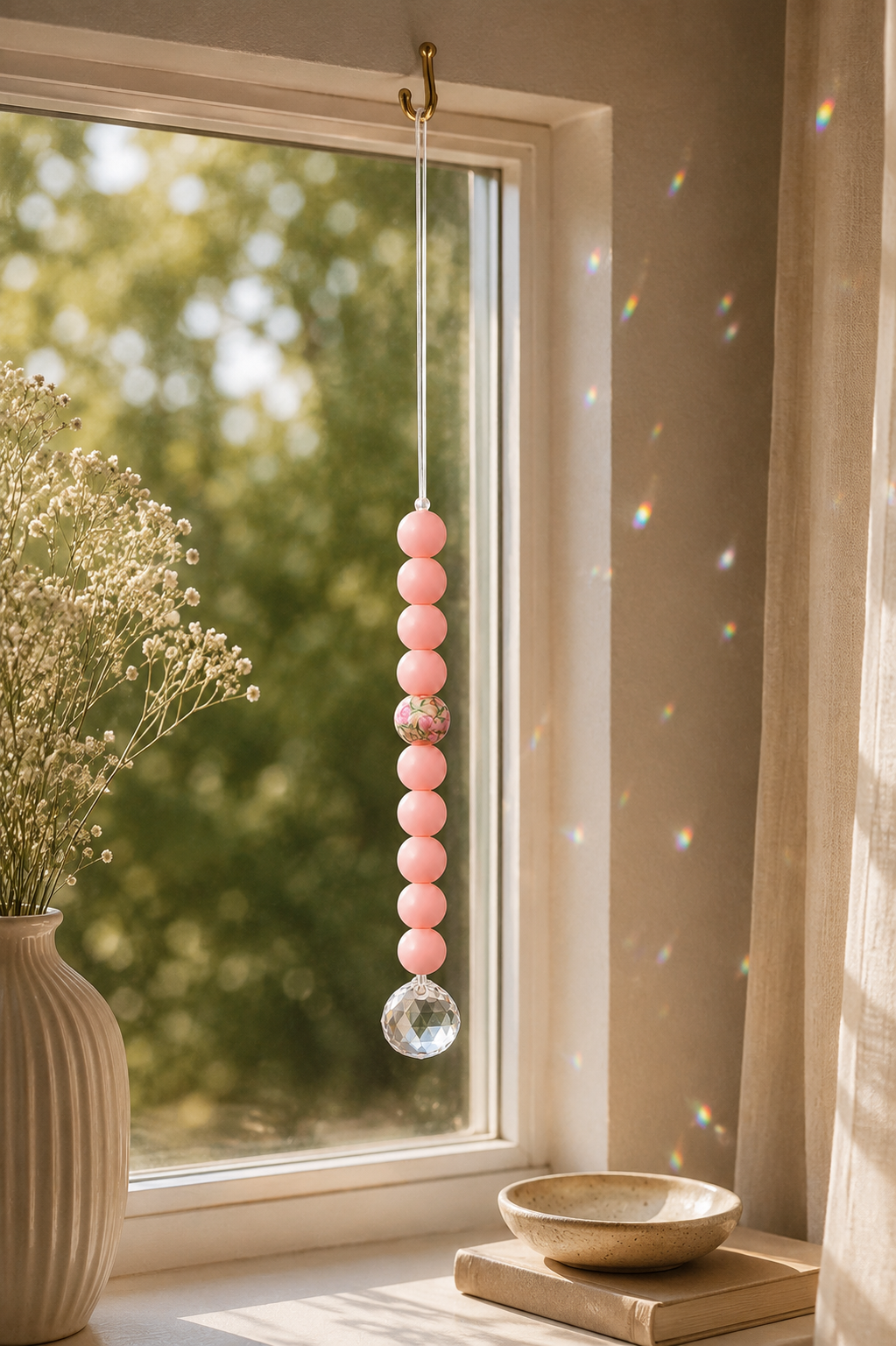 Sonnenfänger mit Kristallkugel – Fensterdeko aus Glas & Silikon | Regenbogenmacher | Fensterhänger | 35 cm