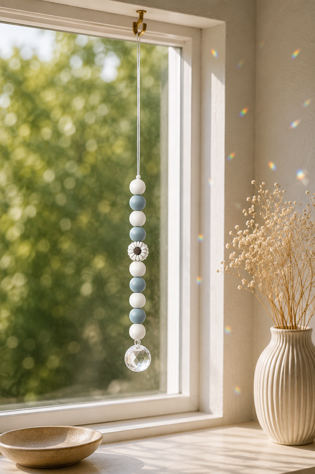 Sonnenfänger mit Kristall & Gänseblume – Fensterdeko aus Glas & Silikon | Boho Fensterhänger | 32 cm
