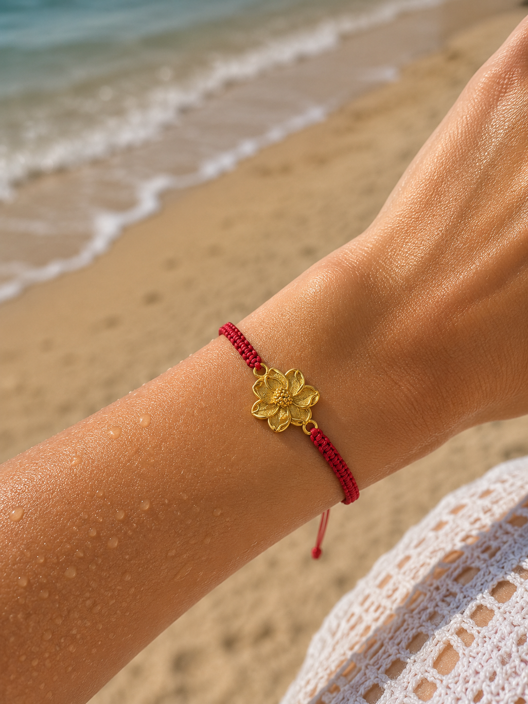 Makramee Armband Goldene Lotusblüte – Verstellbares Edelstahl Armband | Boho Schmuck | 38 Bandfarben | 5 Größen