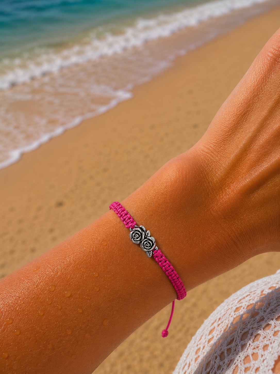 Makramee Armband Rosen – Verstellbares Edelstahl Armband | Blumen Schmuck | Boho Armband | 38 Bandfarben | 5 Größen