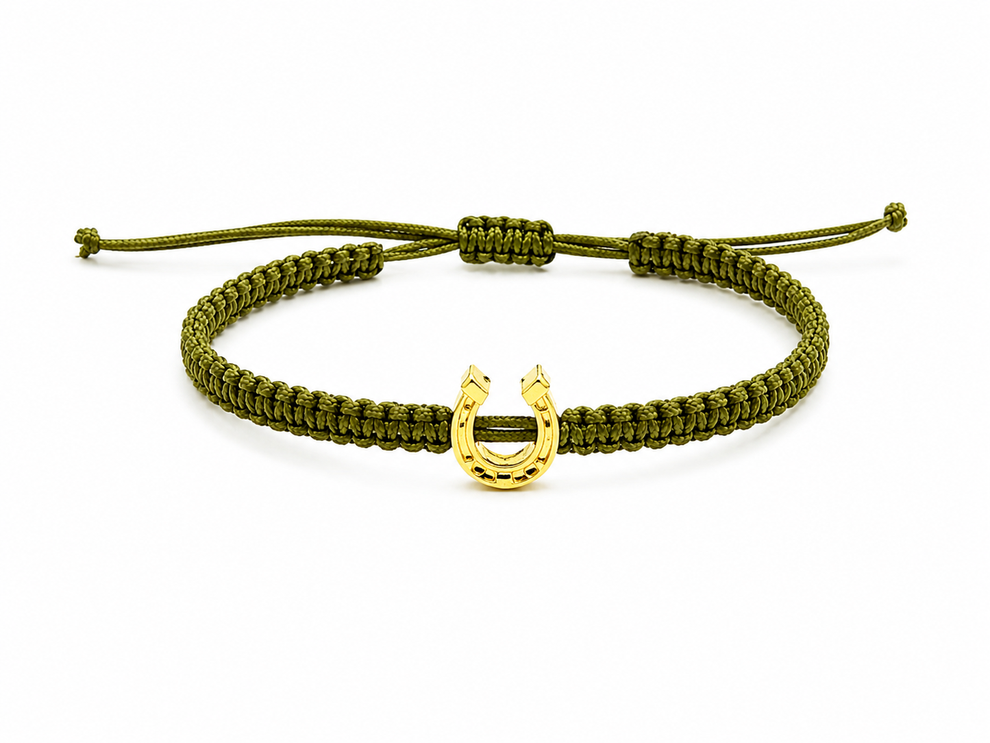 Makramee Armband Goldenes Hufeisen – Verstellbares Edelstahl Armband | Glücksbringer | Boho Schmuck | 38 Bandfarben | 5 Größen