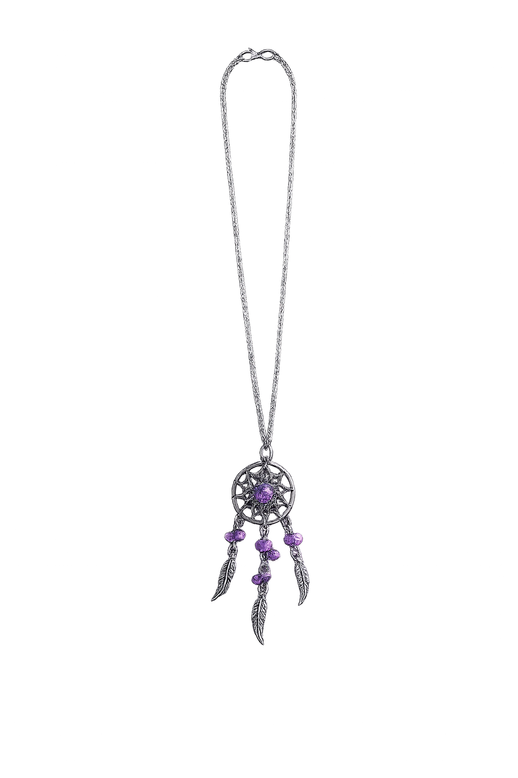 Traumfänger Kette mit violettem Naturstein – Edelstahl Halskette | Dreamcatcher Anhänger | Boho Schmuck | 50 cm