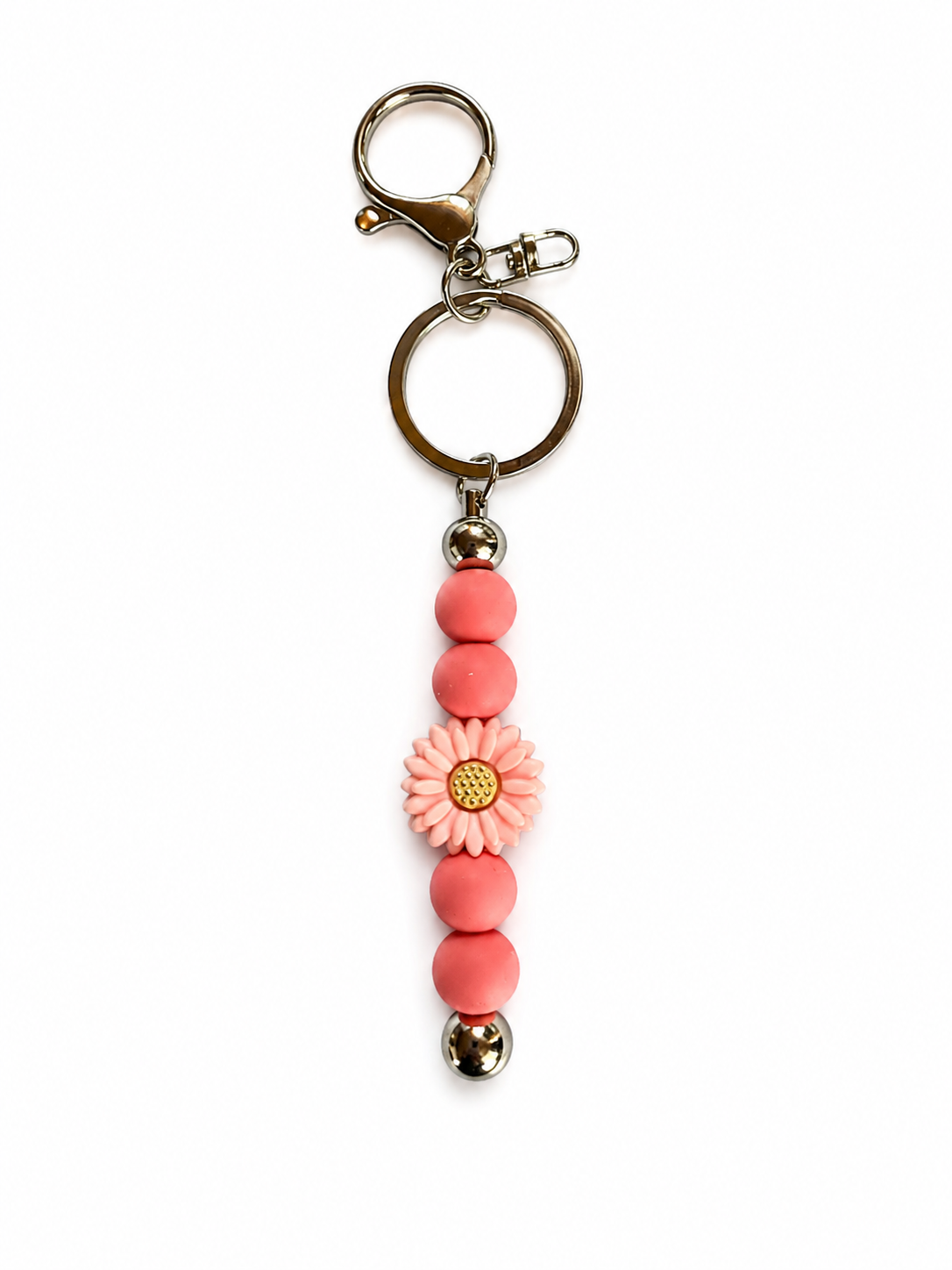 Boho Schlüsselanhänger Blume Rosa – Taschenanhänger aus Edelstahl & Silikon | Handgefertigt 15 cm