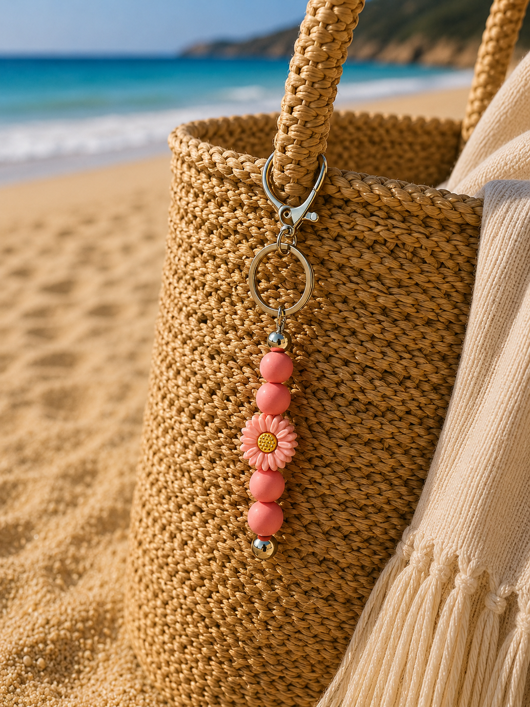 Boho Schlüsselanhänger Blume Rosa – Taschenanhänger aus Edelstahl & Silikon | Handgefertigt 15 cm