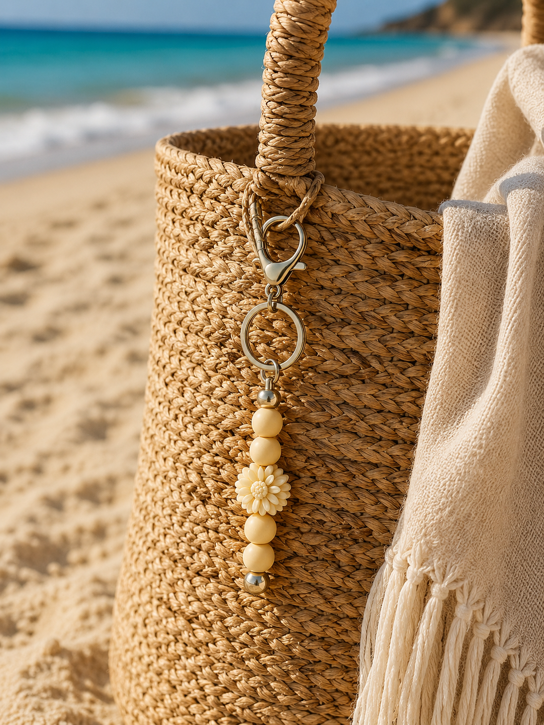 Blumen Schlüsselanhänger Beige – Edelstahl & Silikon Taschenanhänger | Gänseblümchen Anhänger 15 cm