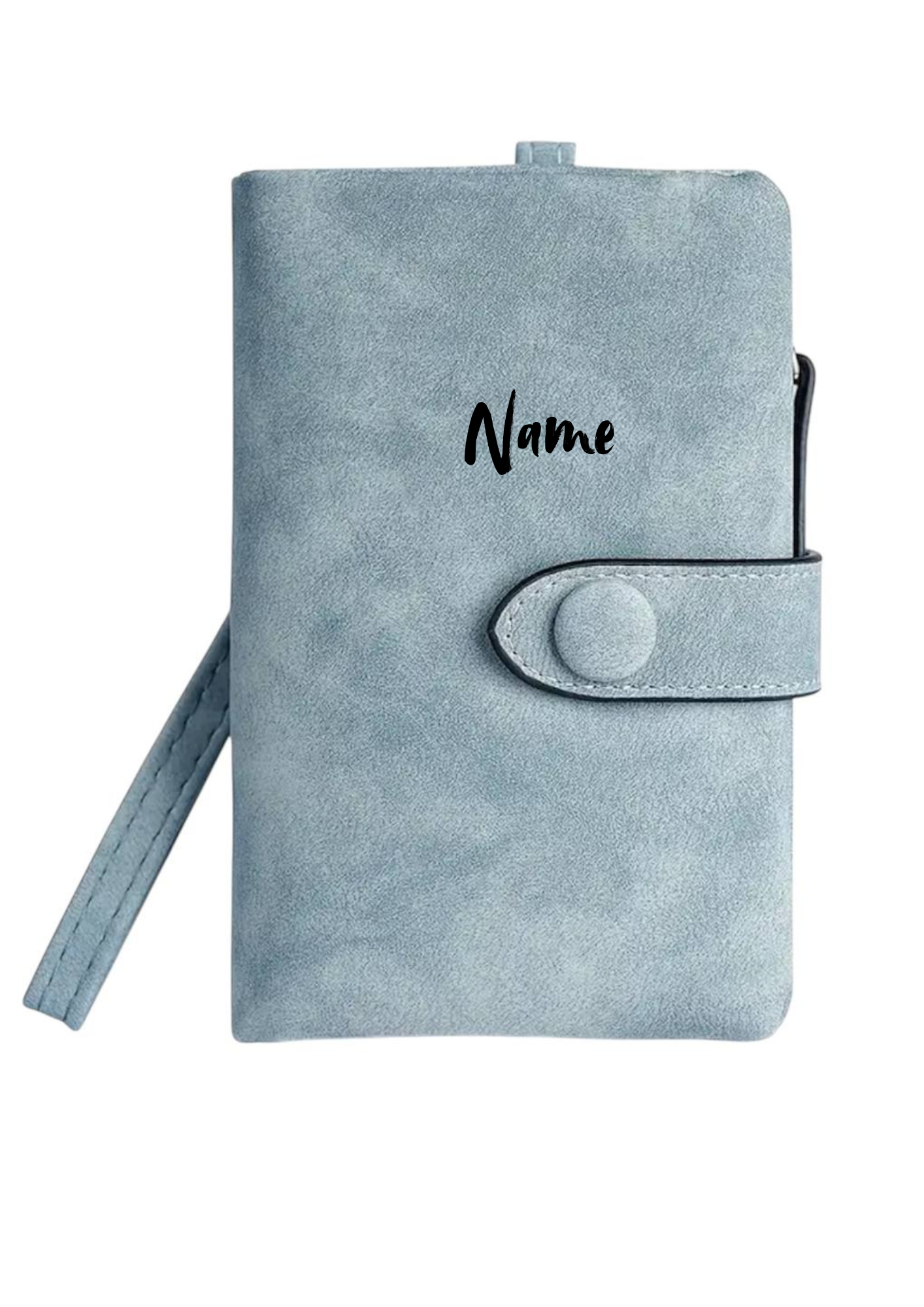 Hellblaue Geldbörse mit Dreifach-Faltung & Handschlaufe – personalisierbar 💙✨