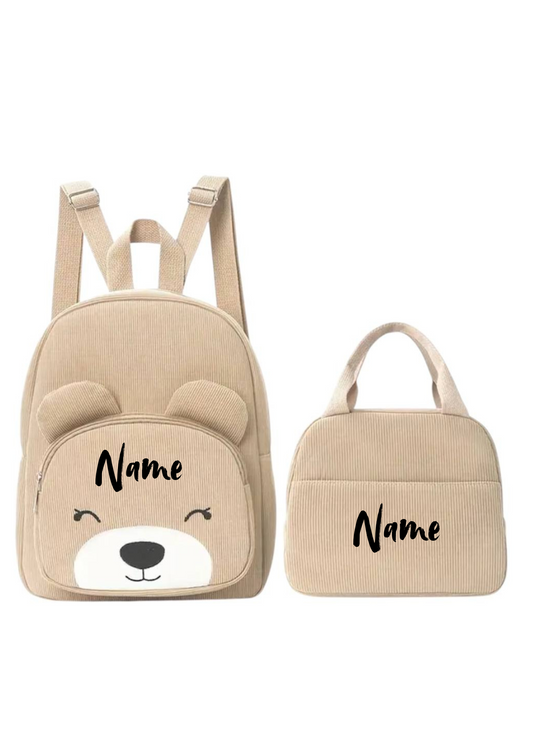 Zweierset Bären-Rucksack & Tasche Beige 🐻🎒 | Cordoptik & personalisierbar | Perfekt für Kids