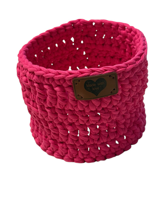 Gehäkelter Aufbewahrungskorb Pink mit Holzboden – 15,5 x 12 cm | Handgemacht