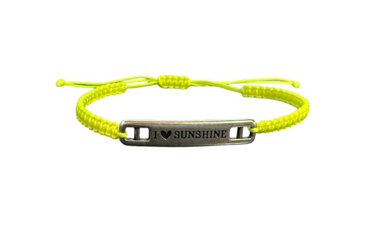 Makramee Armband "I Love Sunshine" – Neongelb & Silber | Handgemacht & Verstellbar