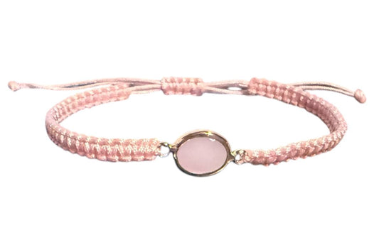 Makramee Armband „Roséglanz“ – Rosa Band & Rosegold Anhänger mit Rosa Glasstein (15x10mm)