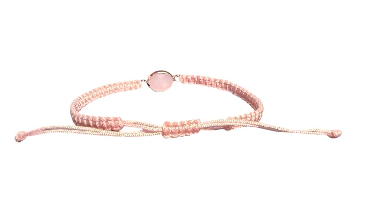 Makramee Armband „Roséglanz“ – Rosa Band & Rosegold Anhänger mit Rosa Glasstein (15x10mm)