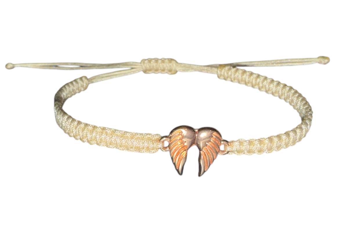 Handgefertigtes Makramee-Armband mit rosegoldfarbenem Engelsflügel – Individuell anpassbar in Farbe & Größe (R14)