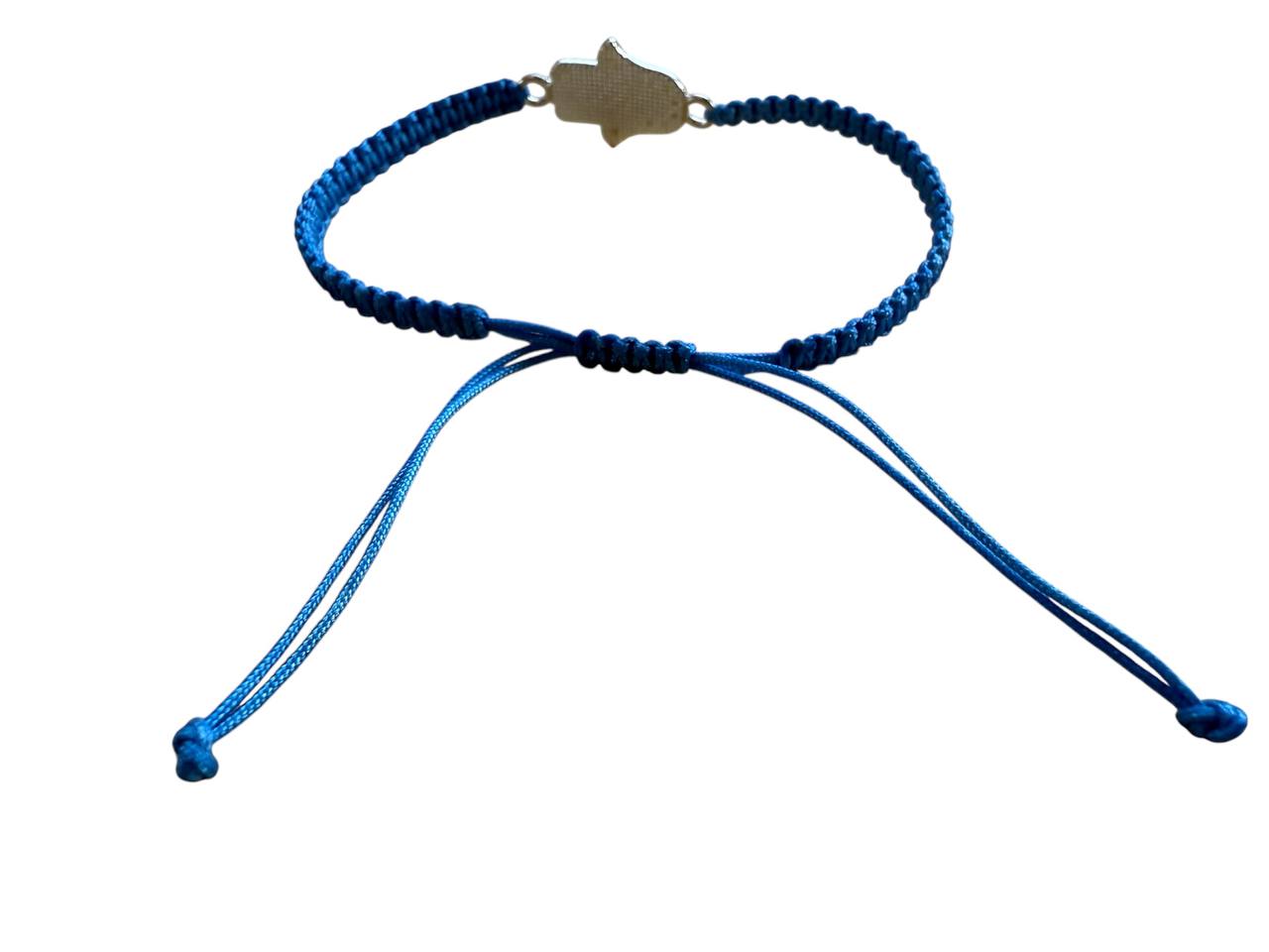 Handgefertigtes Makramee Armband „Hand der Fatima & Auge“ – Blau & Silber (23x15mm)