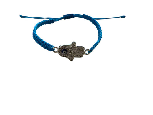 Handgefertigtes Makramee Armband „Hand der Fatima & Auge“ – Blau & Silber (23x15mm)