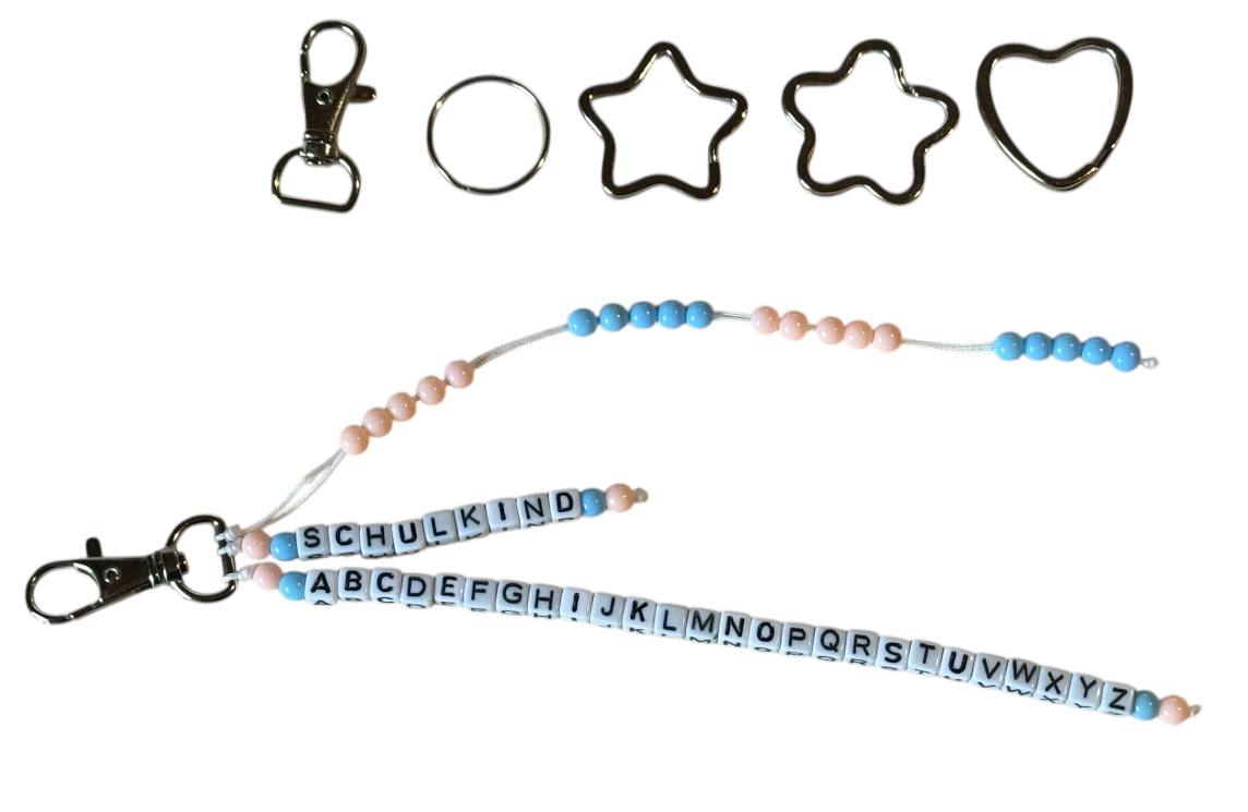 🎒 Personalisierte ABC- & Rechenkette – Aprikose & Blau – 3-reihig mit Namen – Geschenk zur Einschulung