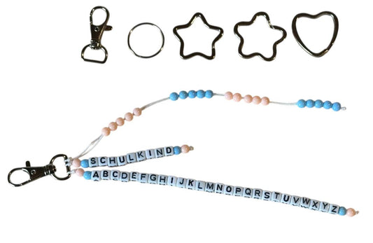 🎒 Personalisierte ABC- & Rechenkette – Aprikose & Blau – 3-reihig mit Namen – Geschenk zur Einschulung