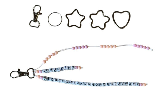 🎒 Personalisierte ABC- & Rechenkette – Aprikose & Rosa – 3-reihig mit Wunschname – Einschulungsgeschenk