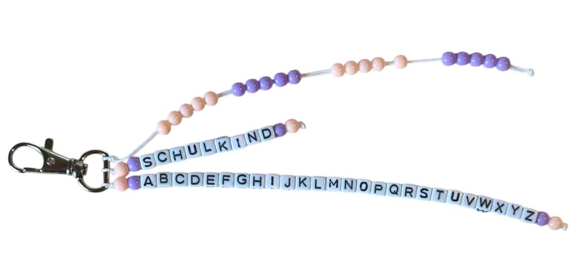🎓 Personalisierte ABC- & Rechenkette – Aprikose & Lila – 3-reihig mit Wunschname – Einschulungsgeschenk